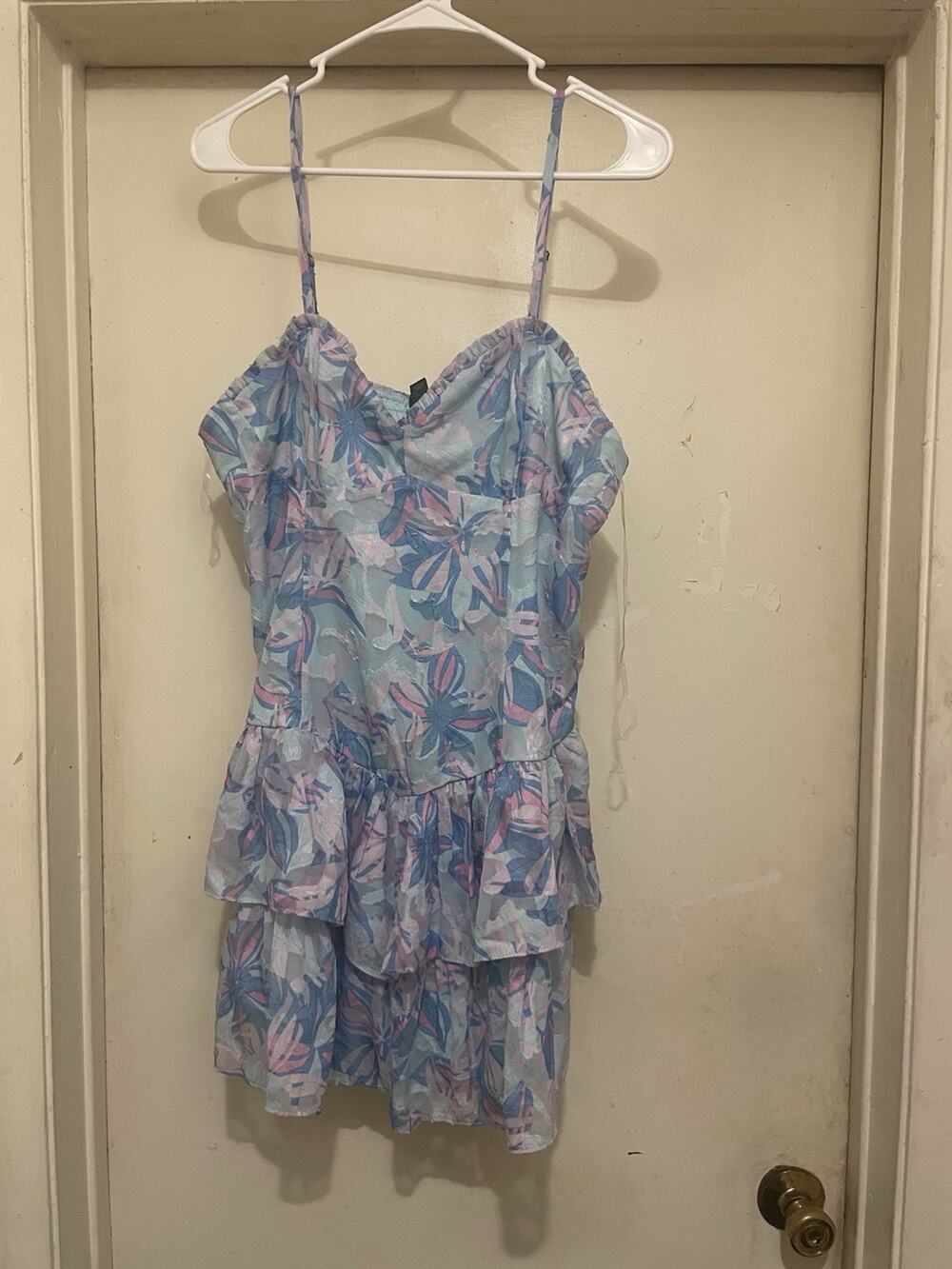 Pastel Floral Tiered Mini Dress Women’s Ruffle Strappy Cottagecore Summer Size L